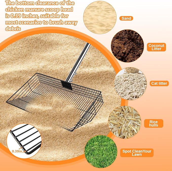 Chicken Poop Scooper for Sand, 15-Inch Large Adjustable Metal Chicken Manure Scoop, Chicken Coop Scooper for Sand Suitable for Chicken Coops, Rabbit Coops, Stables, Gardens, Beaches