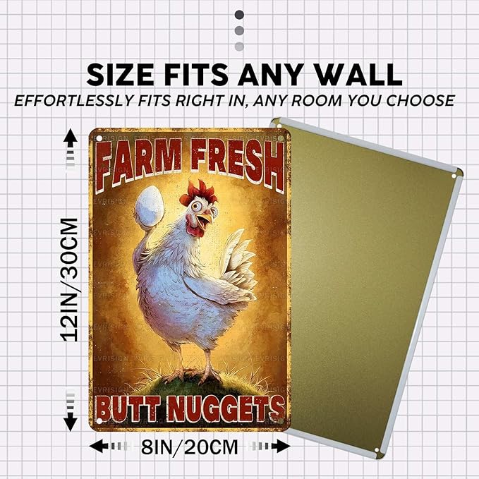 Vintage Chicken Tin Sign Farm Fresh Butt Nuggets Retro Metal Sign Funny Chicken Lovers Nostalgic Rustic Wall Decor For Home Farmhouse Coop Poultry House Kitchen Outdoor Yard 12 * 8In