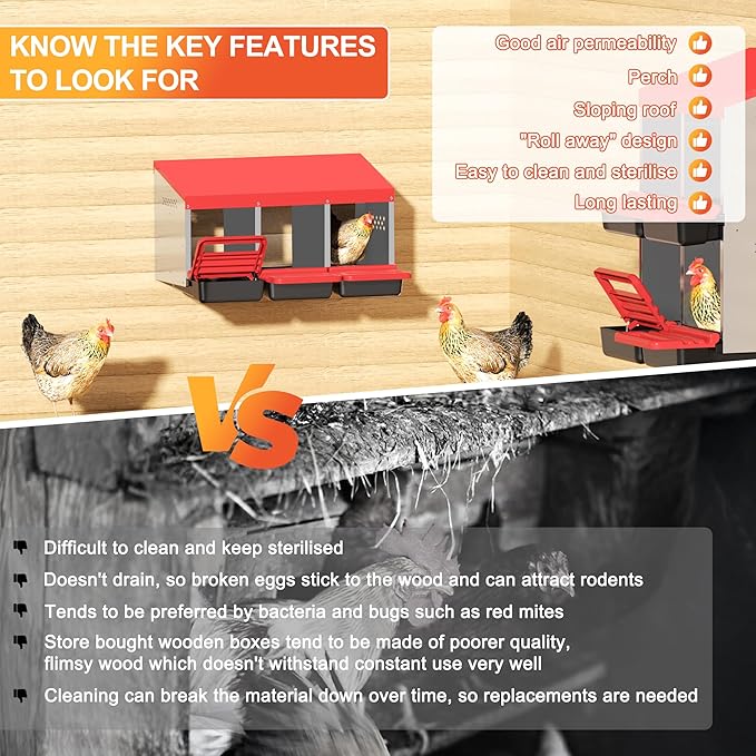 Chicken Nesting Boxes, Metal Chicken Egg Laying Box with Swing Perch and Rollout Egg Collection for Chicken Coop Red 3 Compartments