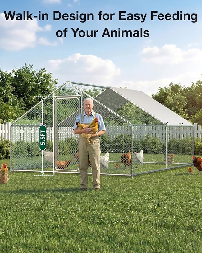 Esright Large Metal Chicken Coop Run for Yard with Cover, 13x10x6.4 FT Walk-in Chicken Pen for Outdoor, Backyard, and Farm, Hen Cage House Suitable for 8-12 Chickens, Spire Roof
