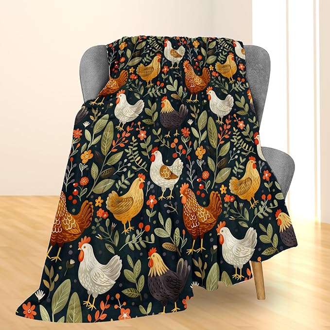 Rustic Chicken and Floral Blanket, Soft Lightweight Flannel Throw Blanket for Couch, Bed, Travel, Living Room & Home Decor, Cozy Warm Fuzzy Blankets for Adults Kids Women Girls 80×60 in