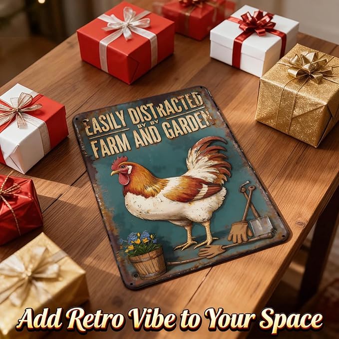 Vintage Metal Tin Signs Rustic Farm Rooster And Garden Tools Decor For Kitchen Or Barn 8 X 12 Inches8 x12 inch