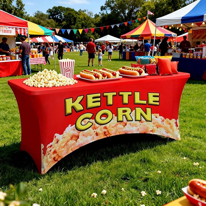Oudain 6 ft Kettle Corn Stand Tablecloth Elastic Spandex Popcorn Rectangle Table Cover Kettle Corn Banner Sign Table Cloth for Business Advertising Carnivals Party Outdoor Concession Stand