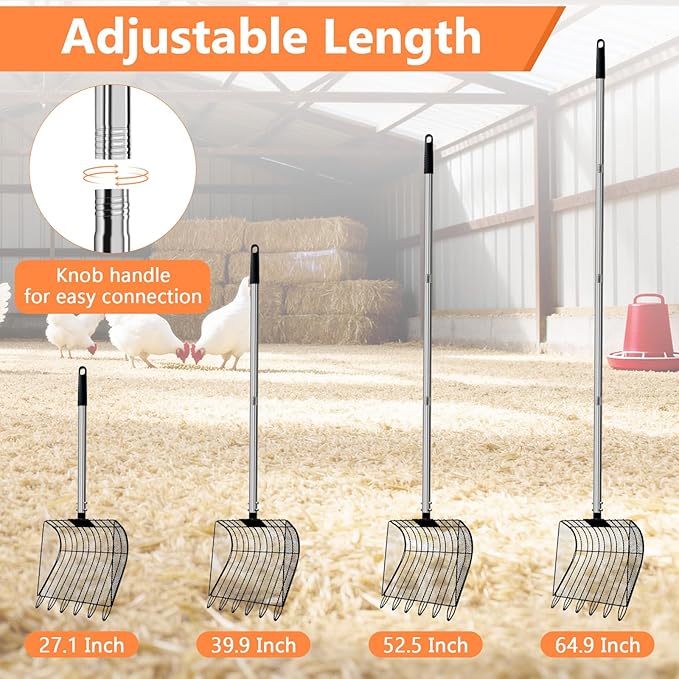 Chicken Poop Scooper & Rake, Stainless Steel Coop Scoop for Sand, Litter Sifting Shovel for Chickens, Adjustable Length 27" to 64"
