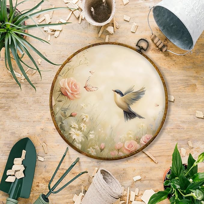 Hiuwevt Rustic Floral Hummingbird Round Wall Art Decor, Vintage Flower Shrubs Bird Hanging Canvas Prints Artwork Framed, Cottagecore Nature Circular Wall Decor for Home Room, 10x10 Inch