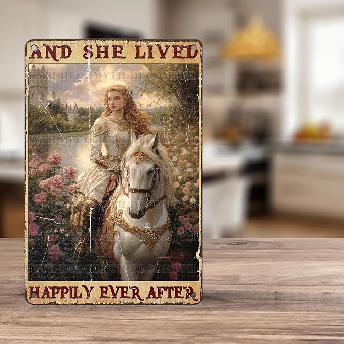 Vintage Horse Tin Sign And She Lived Happily Ever After Retro Girl Metal Poster Funny Pet Lovers Wall Art Cafe Wall Decor for Kitchen Office Garden Plaque Home Bar Plub Club Shop 12 * 8inch