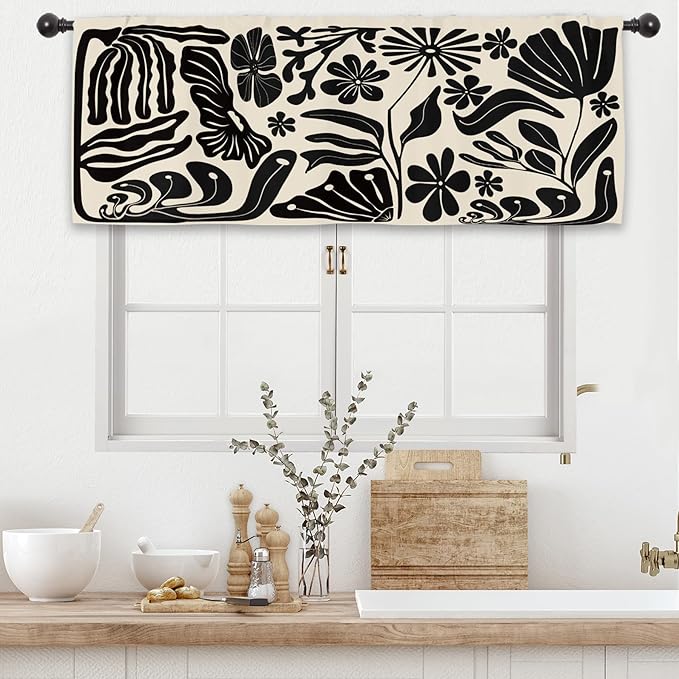 Black Matisse Flower Kitchen Curtain Valance 54W x 18L Inch Vintage Abstract Leaves Aesthetic Retro Art 70s Modern Minimalist Rod Pocket Short Cafe Small Window Treatment Drapes Decor