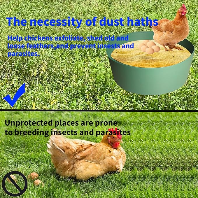 Chicken Dust Bath Tub, 25'' D * 5.9'' H, Bottomless Design, PE Eco Friendly, Dust Bath for Chickens, Chicken Coop Cleaner Container,Chicken Coop Lime,Essential Chicken Coop Accessory (1 Pack, Green)
