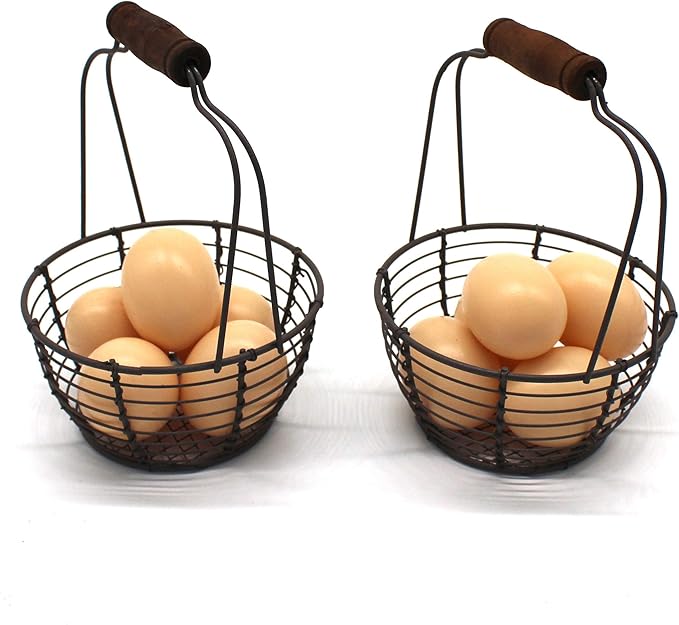 CVHOMEDECO. Metal Wire Mini Egg Baskets Rust Gathering Baskets with Wooden Handle Country Vintage Style Storage Baskets. Set of 2