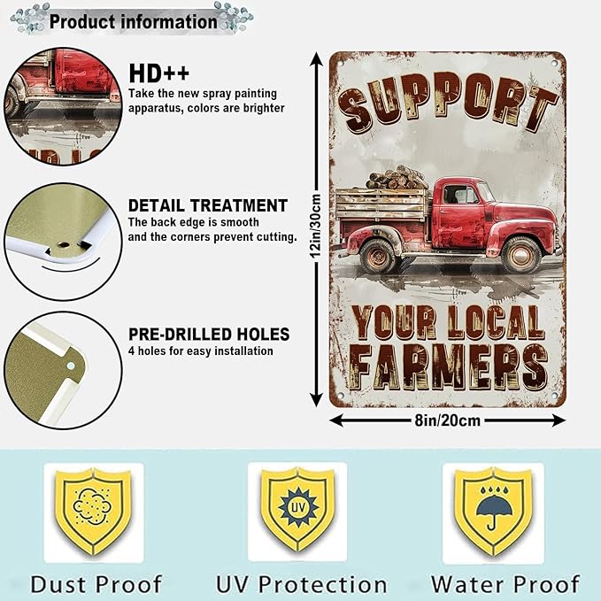 Vintage Metal Sign Funny Truck Metal Tin Signs Wall Art Support Your Local Farmers For Home Cafe Farm Farmer Market Wall Decoration 12 * 8in