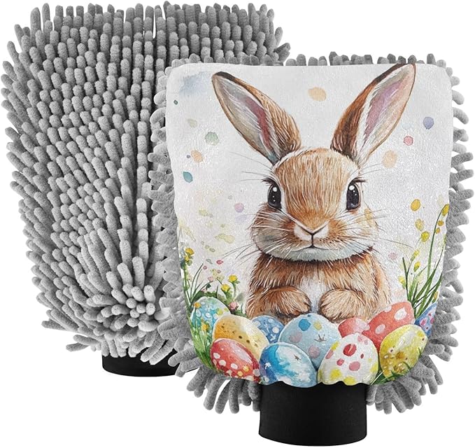 ALAZA Rabbit Bunny Easter Eggs Car Wash Mitt Scratch Free, 2 Pack Absorbent Microfiber/Chenille Washing & Drying Mitts, L