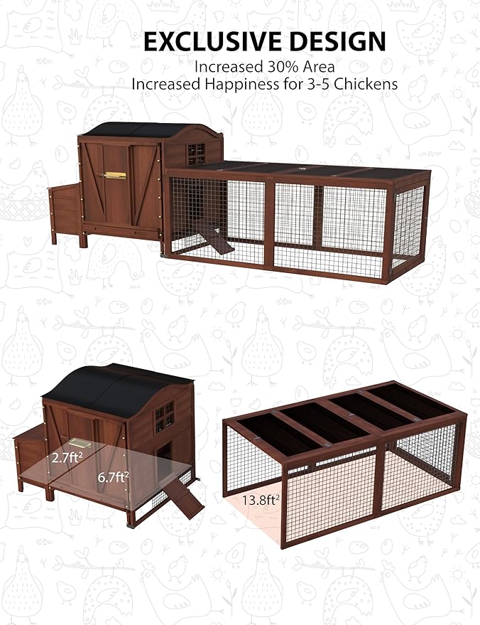 Large Chicken Coop, Wooden Chicken Coop for 3 4 5 Chickens, 106in Outdoor Hen House with Run, Waterproof Roof, Nesting Box, Pull Out Trays and Ramp, Red