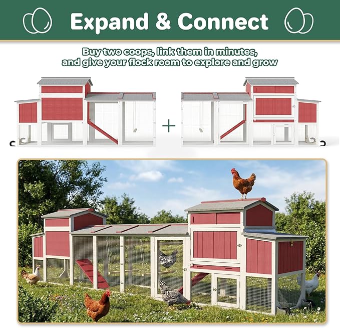 Chicken Coop with Run, Mobile Chicken Tractor Hen House Weatherproof with Wheels, Nesting Box, Roosting Bars, Pull-Out Tray, Asphalt Waterproof Roof & Fun Swing for Chickens Quails Small Animals