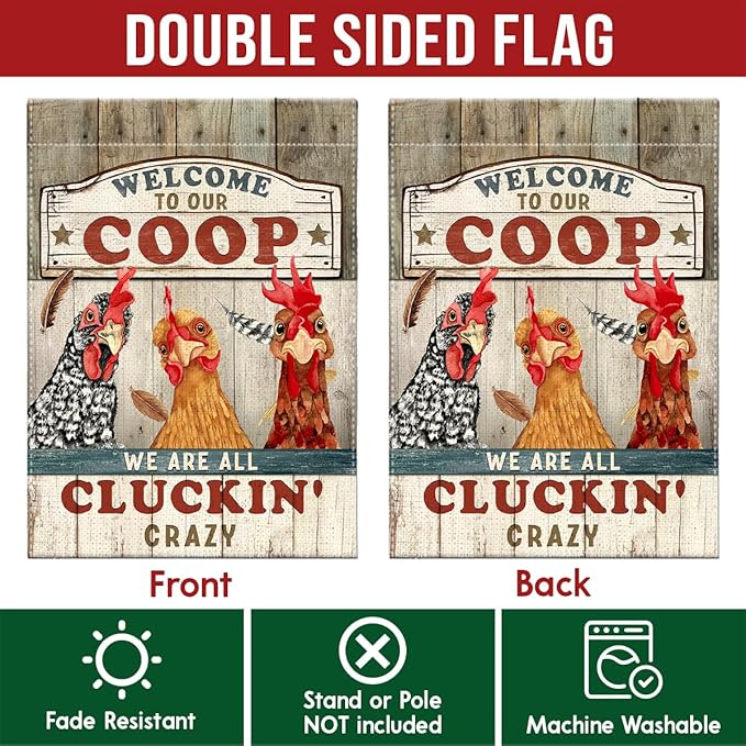 Chicken Garden Flag – Welcome to Our Coop Funny Chicken Flag, Rustic Farmhouse Chicken Coop Yard Decor, Funny Chicken Lover Gift for Farmer Women Men