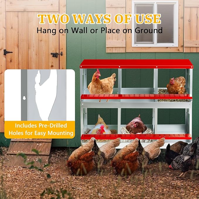 Chicken Nesting Box for Laying Eggs,Wall-Mountable Chicken Coop Nesting Boxes,6 Hole Roll Away Nesting Boxes,with Large Vented Holes,for Chickens,Ducks,Large Egg Laying Boxes (Red 6 Hole)