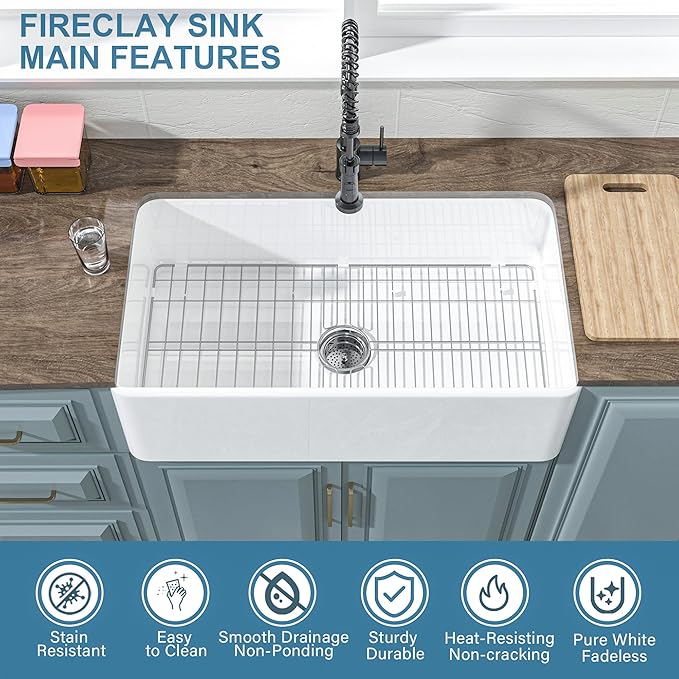 White Farmhouse Sink 33 x 18 Inch, Large Firecaly Apron Front Undermount Farm Sink Heavy Duty Single Bowl, with Custom Accessories 2 Types, Pure White, for Kitchen