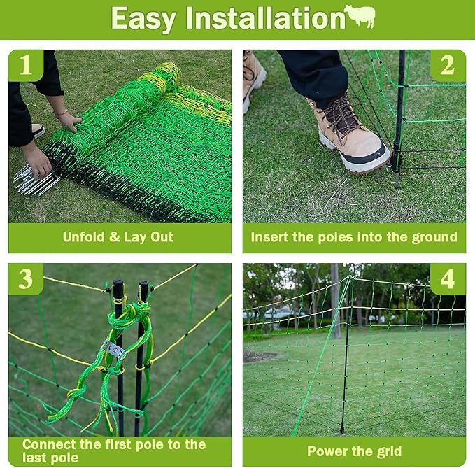 Solar Electric Fence for Poultry, 164'L x 35.4" H Electric Anti-Predator Poultry Fence, Electric Animals Netting, 14 Posts Double Spiked, for Goats, Sheep, Hogs, Farms, Ranches