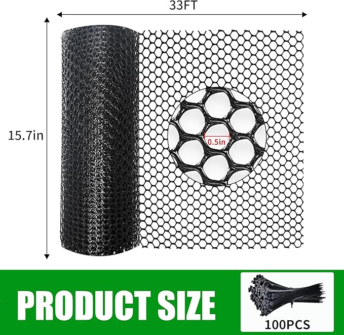 Black Plastic Chicken Wire mesh 15.7IN x 33FT,Plastic Chicken Wire Fencing,Poultry Netting,Plastic mesh for Garden,Balcony Fence,Chicken Wire Frame for Crafts, Floral Mesh.with 100 Ties