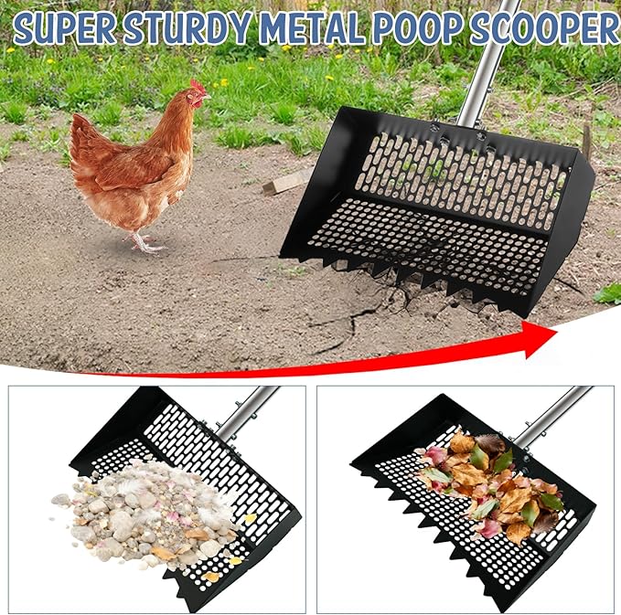 Chicken Poop Scooper and Rake, Zoned Metal Chicken Coop Scoop for Sand, 22 to 62" Adjustable Handle, Litter Sifting Shovel Cleaning Tools for Chicken Run, Animal Farm, Duck Coop