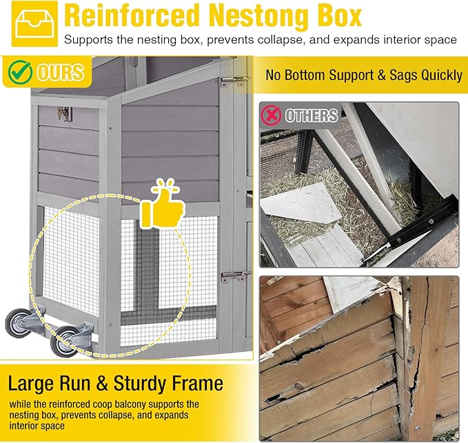 Aivituvin Mobile Chicken Coop with Wheels for 4-6 Chickens, Backyard Expandable Chicken House Duck Cage with Run, 2 Nesting Boxes, Easy Clean Pull-Out Tray, Leak-Resistant Asphalt Roof, 82.4"(Grey)