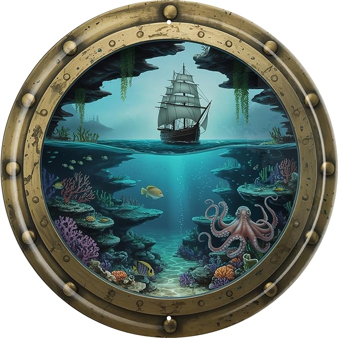 LMDDFZS Sailboat Octopus Metal Sign 8x8in Round Nautical Plaque for Beach House Wall Decor Marine Gift