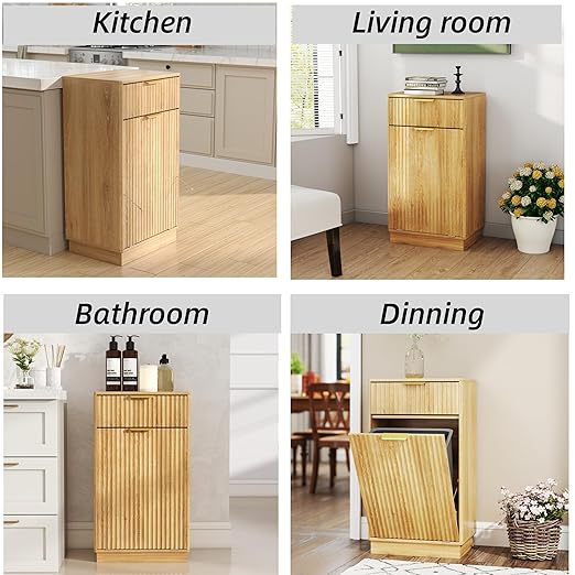 19 Inch Single 10 Gallon Wood Grain Tilt-Down Trash Can Cabinet with Storage Drawer,Wood Grooved Recycling Cabinet with Wave Texture Hidden Pull-Out Trash Can for Kitchen,Bathroom (Oak-02)
