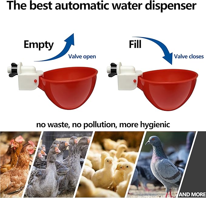 8pack Large Poultry Waterer, Professional Chicken Water Cups for Poultry LANARP Float Style Gravity Chicken Watering System, Tee Fittings Poultry Waterer Suitable, with Mounting Hole Opener (8)