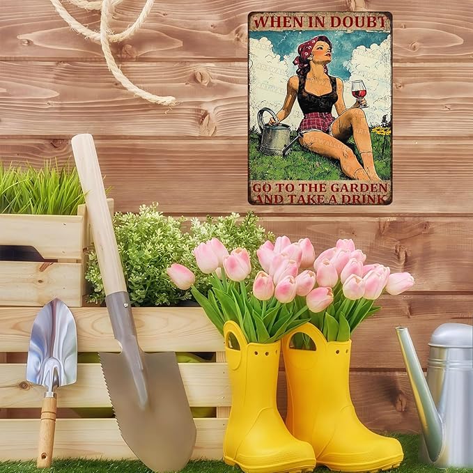 ARTWALLURE Vintage Tin Plaque Rustic Farmhouse Decor Garden Wall Art When In Doubt Go To The Garden Inspirational Saying 12x16inch