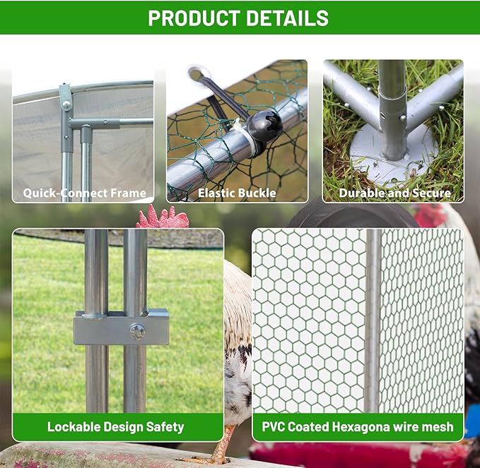 Large Metal Chicken Coop with Run, Walk-in Dome Roof Poultry Cage with Waterproof & Anti-UV Cover for Yard for Ducks & Rabbits