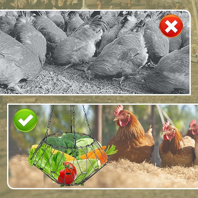 Hanging Chicken Feeder, Foldable Chicken Vegetable and Fruit Food Dispenser, Poultry Feeding Basket with 4 Hanging Chains, Poultry Feeding Vegetable Fast Food Ball (2 Pack)