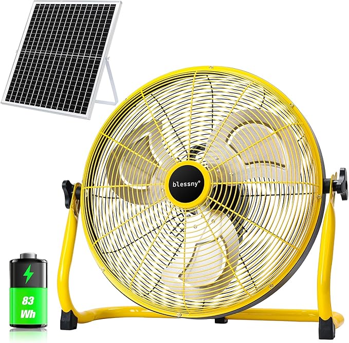 16" Large Solar Rechargeable Floor Fan for Home Outdoor Camping Gazebo Greenhouse Barn Poultry Pet House Cooling or Air Circulation