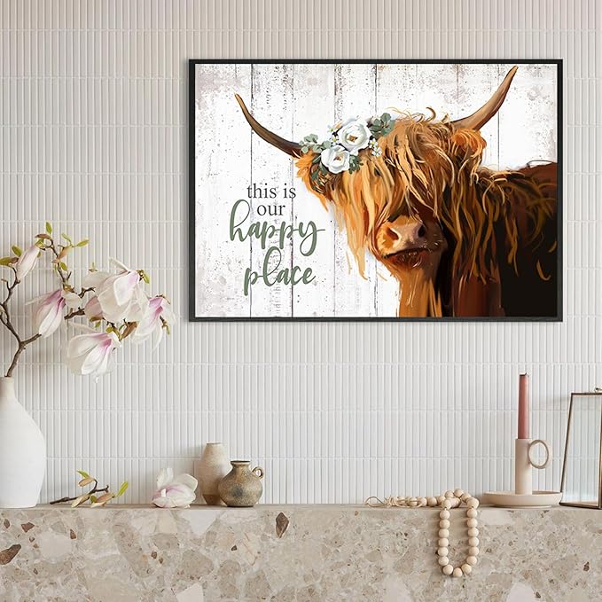 Highland Cow Decor Wall Art, Floral Farmhouse Cow Rustic Wall Decor, This is Our Happy Place Inspirational, Country Cattle Framed Painting for Living Room, Bedroom, Kitchen,Bathroom(10x14.5'')