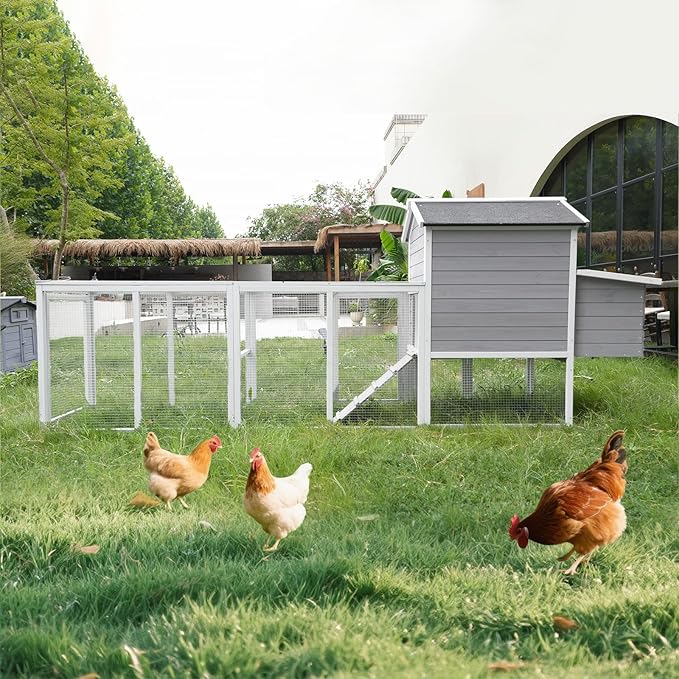 113" Large Chicken Coop with Run, Outdoor Wooden Hen Duck House with Nesting Box, Waterproof Asphalt Roof and Pull-Out Tray, Poultry Bunny Quail Cage Rabbit Hutch with Ventilated Window, Gray