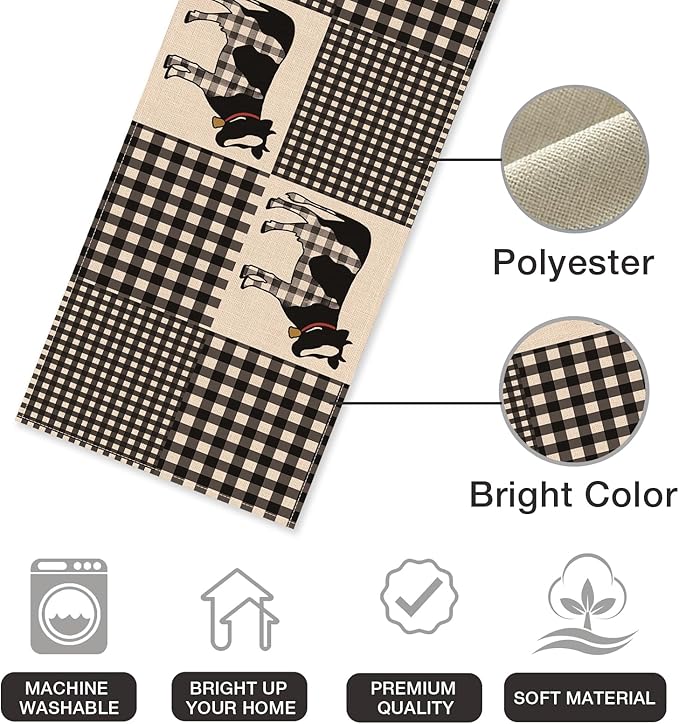 Seliem Buffalo Plaid Check Cow Table Runner, Farm Animals Kitchen Dining Table Decor, Farmhouse Burlap Home Decoration Indoor Outdoor Party Supply 13 x 72 Inches