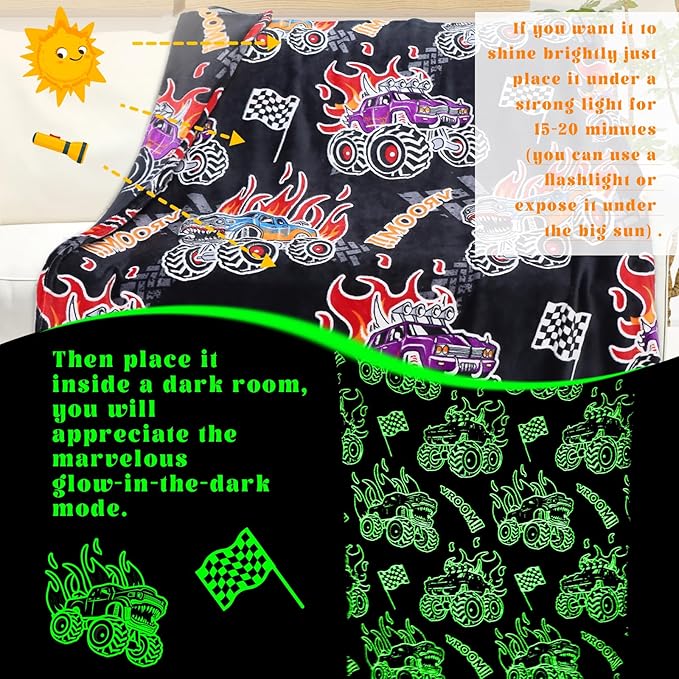Truck Toys for Boys Kids, Glow in The Dark Blanket for Boys, Construction Toys Excavator Soft Toddler Throw Tractor Blanket for Bed Couch, Birthday Gifts Easter Basket Stuffers for Kids, 50"x60"
