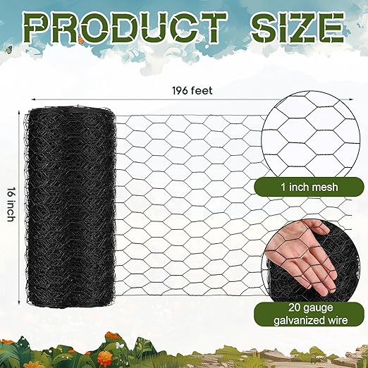 16 in x 196 ft Chicken Wire Fence Mesh Black Chicken Wire for Floral Arrangements PVC Coated Galvanized Fencing 20 Gauge Poultry Netting and 1 Inch Mesh Fence Roll for Home Garden