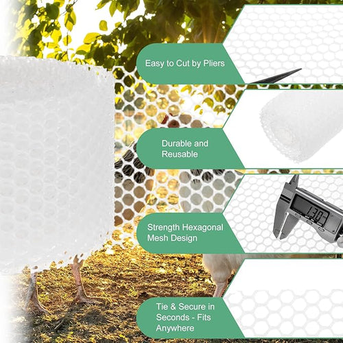 1-Pack Floral Chicken Wire Mesh, 3.9 in x 33 ft Plastic Hexagonal Chicken Wire Fencing with 50 Garden Ties for Crafts/Poultry Netting/Garden/Plant Protection [White]