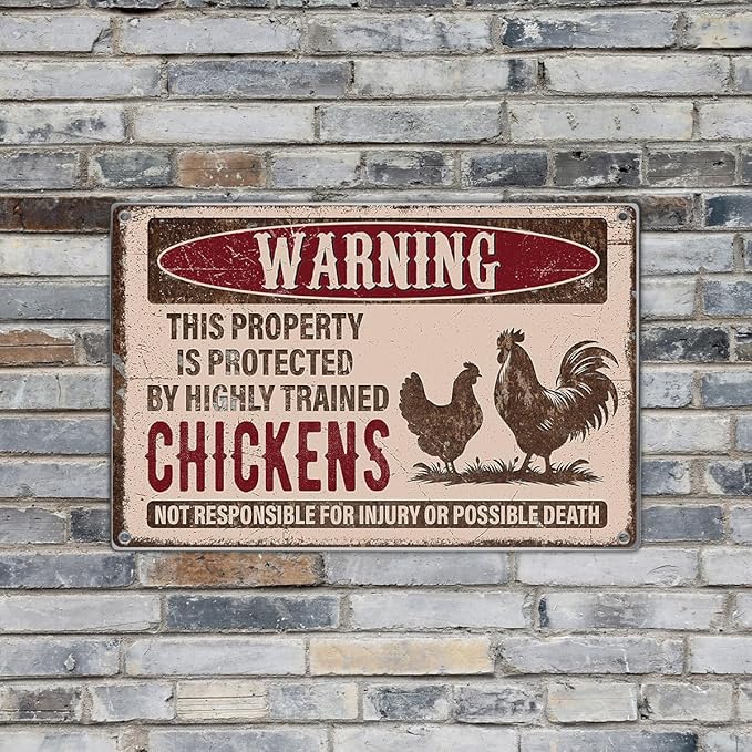 Warning This Property Is Protected By Highly Trained Chickens Vintage Metal Sign For Farm Chicken Coop Rural Home Or Garden 12 x 8 Inch Kitchen Wall Art