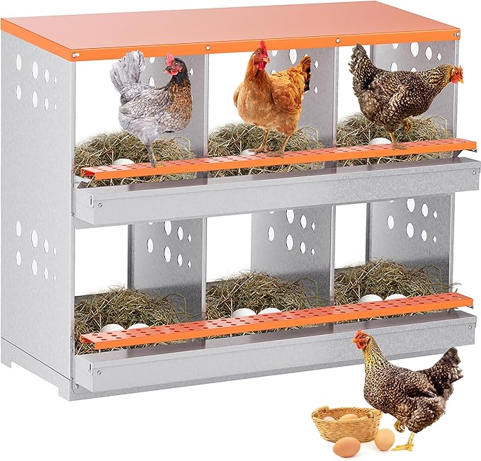 Chicken Nesting Box, 6 Compartment Metal Nesting Boxes for Chickens Laying Eggs, Rust Proofed Nest Box with Roll Away Egg Collection Laying Box for Chicken Coop