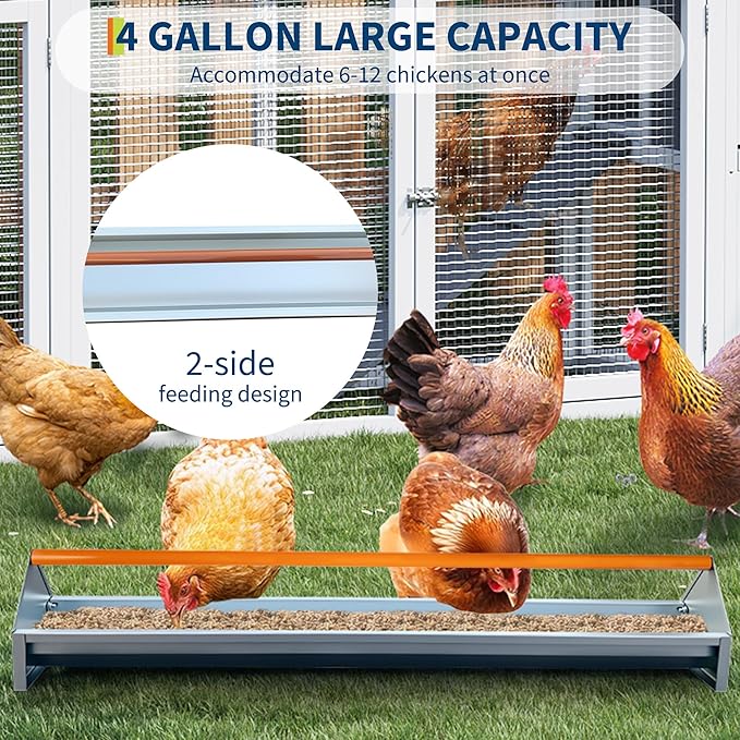 Chicken Feeding Trough 45 Inch, Heavy Duty Galvanized Steel Coop Feeder with Crossbar & Drainage Holes, Large Capacity Metal Poultry Trough Feeder for Ducks, Birds Orange
