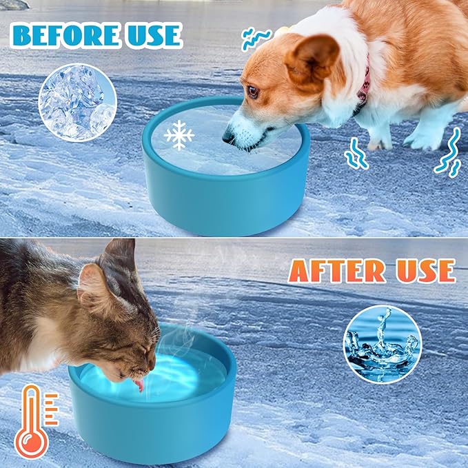 Heated Pet Bowl - KOKOPRO Dog Heating Bowl Outdoor Winter Dog Water Bowl with Anti-bite Wire for Dogs, Cats, Rabbits, Chickens (Blue)