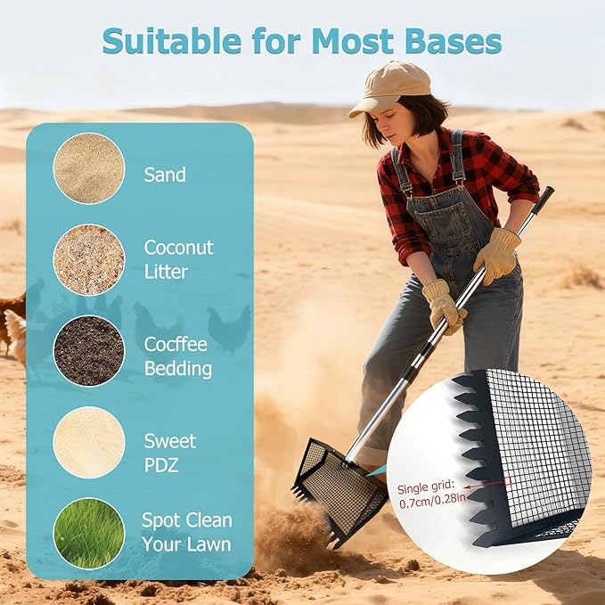 Funvalley Surperfect Chicken Poop Scooper & Rake 2-in-1,Long Handle Sifting Scoop for Coop Cleaning, Chicken Coop Cleaning Tool for Sand, Bedding & Poultry Habitat Supplies
