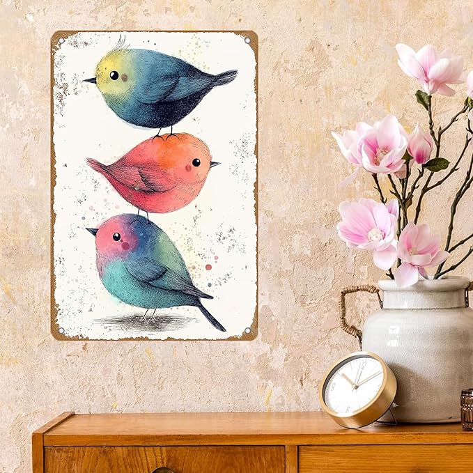 Vintage Tin Sign Watercolor Birds Wall Decor Nursery Birds Print Cute Wall Decoration Birds Nursery Animals Tin Sign Poster Home Bar Plate Wall Decor Birds Metal Tin Sign 12x8 Inch