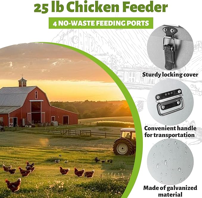25LB Large Automatic Chicken Feeder Galvanized Metal Chicken Feeders with 4 Feeding Ports No Waste Outdoor Poultry Feeder with Handle and Locking Lid for Chickens and Ducks