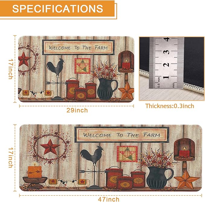 Roszwtit Farmhouse Kitchen Rugs and Mats Set of 2, Welcome to The Farm Rooster Kitchen Mat, Seasonal Holiday Cooking Sets Washable Non-Slip Floor Mats for Home Kitchen Decor - 17x29 and 17x47 Inch