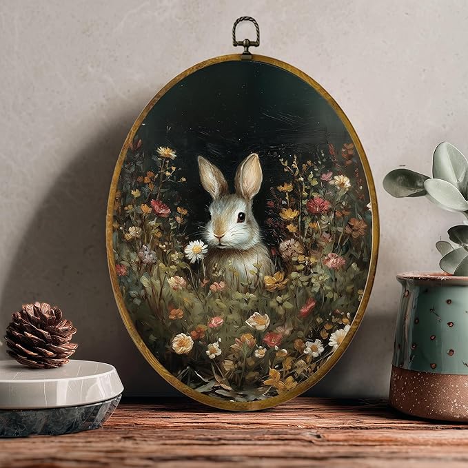 Spring Rabbit Canvas Wall Art Print, Wildflower Floral Animal Painting on High-Density Canvas with Pre-Installed Hook, 8.6 x 11.4 Inch Wall Decor for Bedroom, Living Room, Study, Gift for Art Lovers