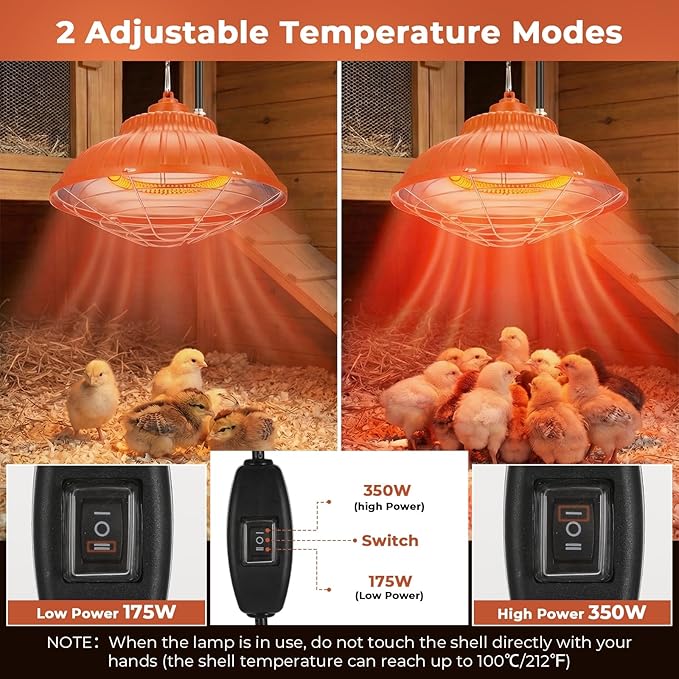 Chicken Heater Lamp, 175W/350W Dual-Mode Brooder Heater Bulb Chick Heater, Hanging Light Heated Adjustable Temp & Height for Chicks, Poultry & Ducklings