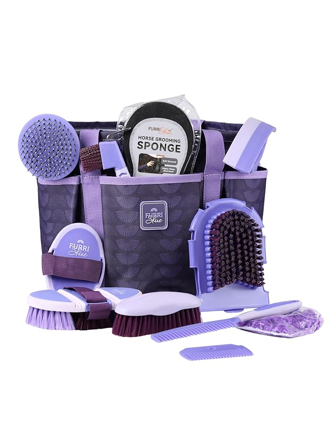 11-Piece Professional Horse Grooming Kit with Waterproof Tote Bag, Non-Slip Silicone Grip Brush Set, Curry Comb, Hoof Pick & Mane Comb Sugar Taro