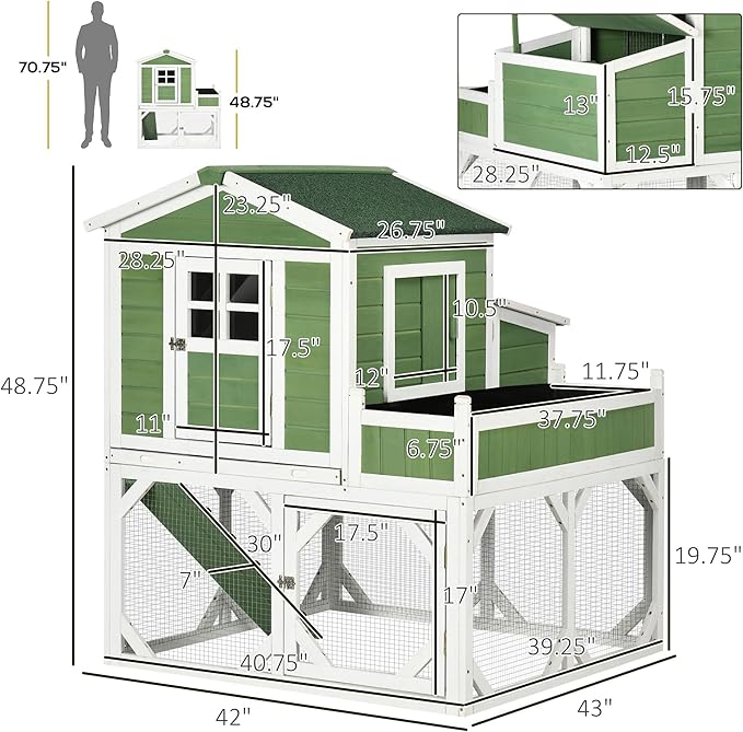 PawHut 49" Small Chicken Coop Hen House with Garden Space, Chicken House Outdoor Run Cage with Weather Protection, 2-4 Birds, Green