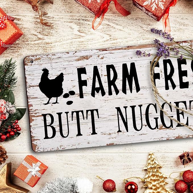 Funny Chicken Coop Signs Farm Decor - Farmhouse Kitchen Wall Decor, Rustic Outdoor Chicken Coop Decorations - Farm Fresh Butt Nuggets Sign, Wooden Home Decor Chicken Mom Gifts (6x12 Inch)
